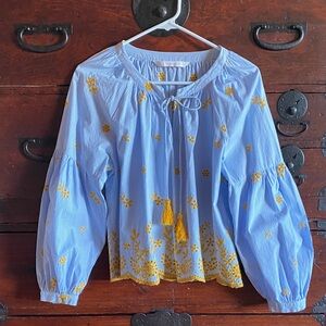 Zara trafaluc collection blouse, white-blue stripes w/ yellow details
